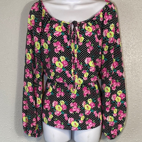 Betsy Johnson Polka Dot Floral Peplum Long Sleeve Blouse - Picture 3 of 8